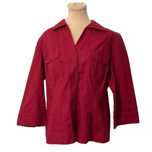 Northern Reflections Red Linen Blend Minimalist Casual 3/4 Sleeve Shirt XL